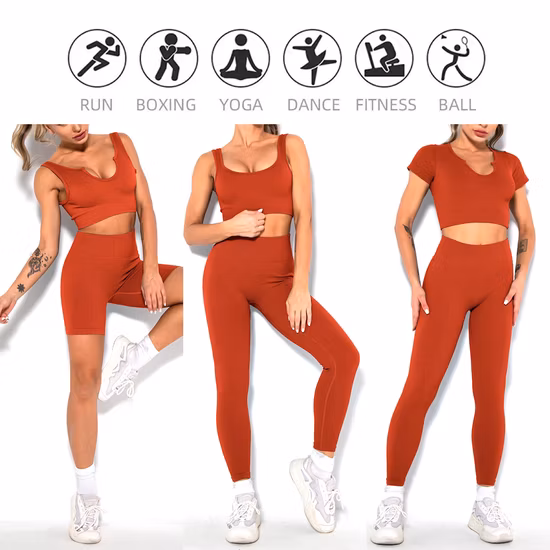 Novos conjuntos de treino sofisticados de 6 peças, roupas de fitness para ioga sem costura para mulheres, blusa de ginástica sexy com shorts de motociclista de cintura alta + calças de ioga Ropa De Activewear